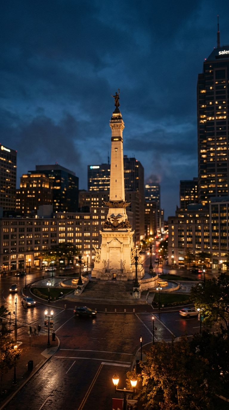 Soldiers' and Sailors' Monument on Monument Circle in downtown Indianapolis at dusk
