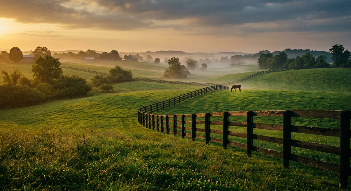 Bluegrass horse farm with a black board fence at sunrise