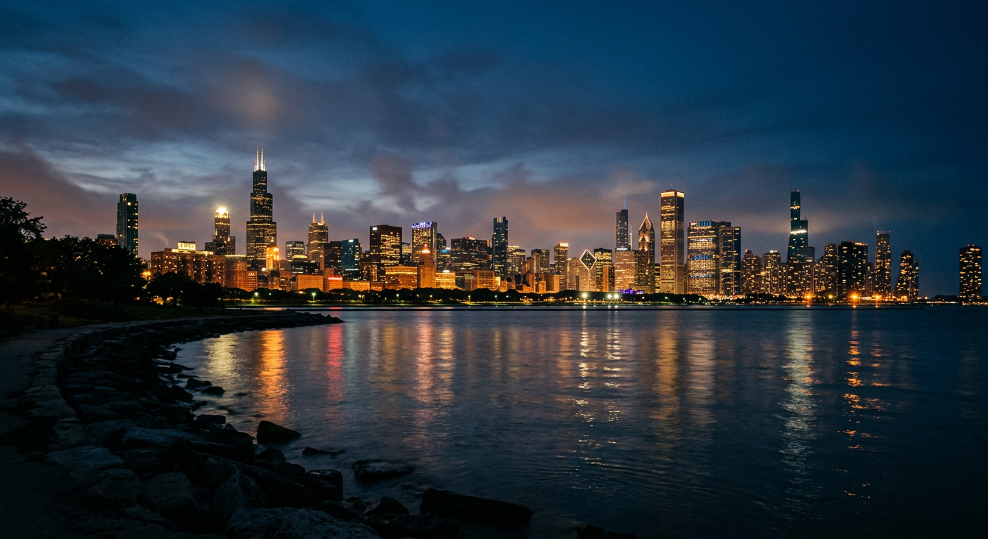 Chicago skyline over Lake Michigan at blue hour