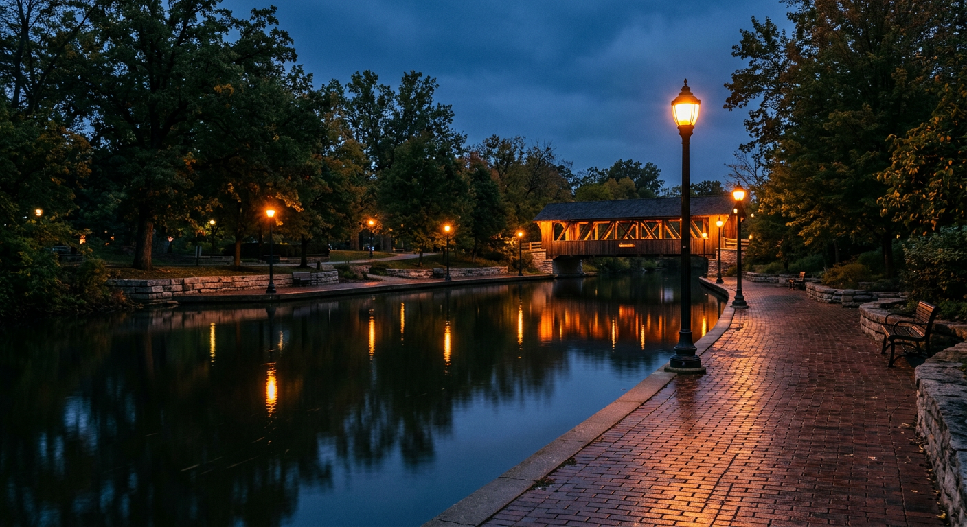 Naperville Riverwalk and covered bridge lit by lamp posts at dusk